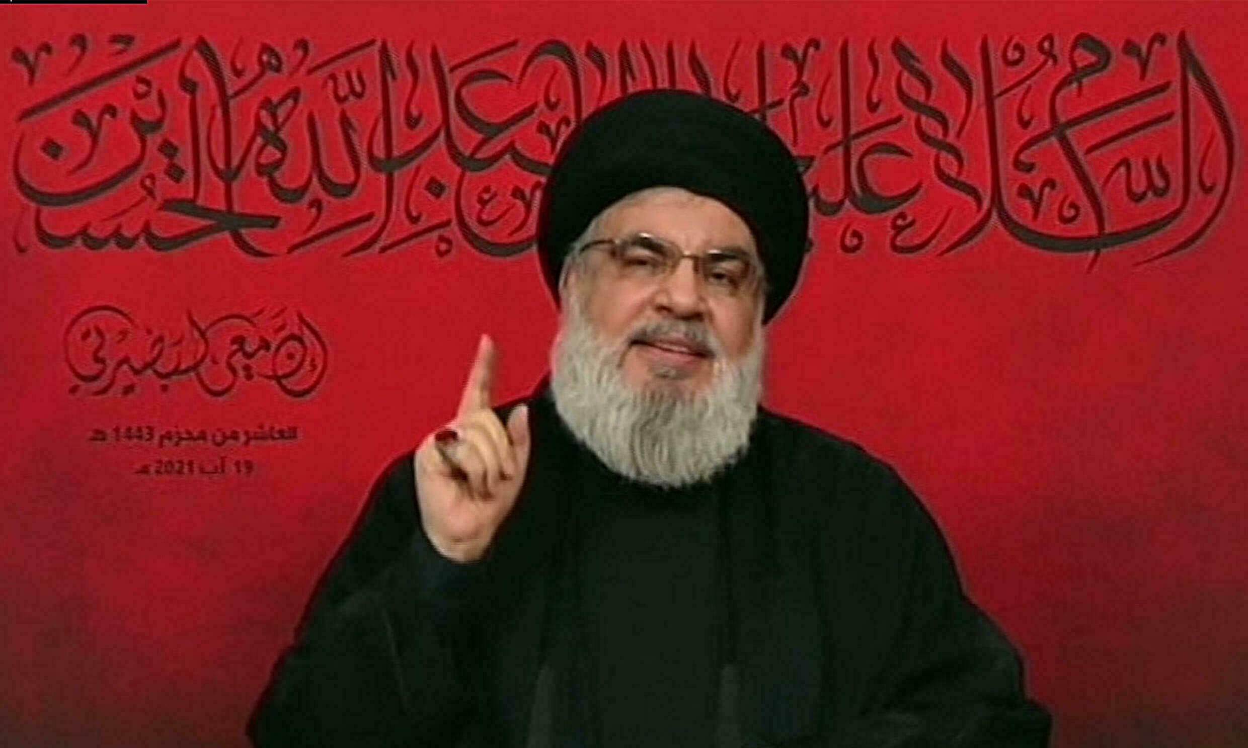 حسن نصرالله متزعم ميليشيا حزب الله اللبناني المدعوم من إيران يتحدث عن إبحار أول سفينة وقود من إيران إلى لبنان